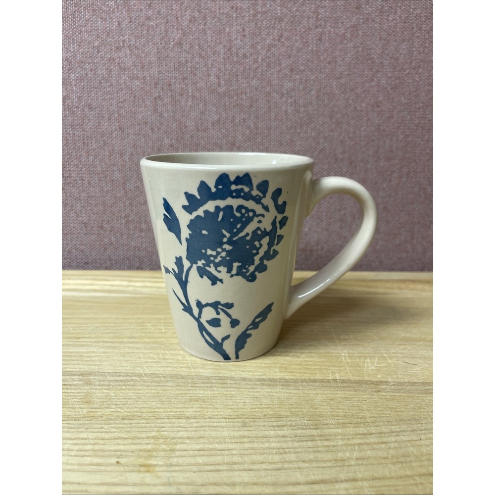 Coffee Mug Cream With Navy Blue Floral Design Ceramic 11.3oz Coastal Set Of 4